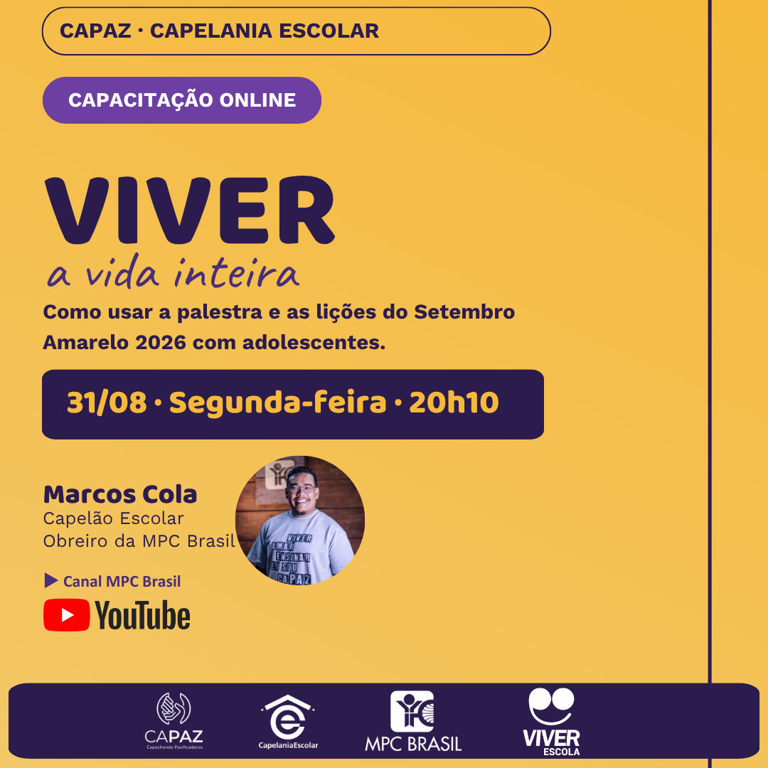Arte de divulgação: Capacitação online Setembro Amarelo 2026, 31 de agosto, segunda-feira, 20h10, com Marcos Cola, capelão escolar e obreiro da MPC Brasil